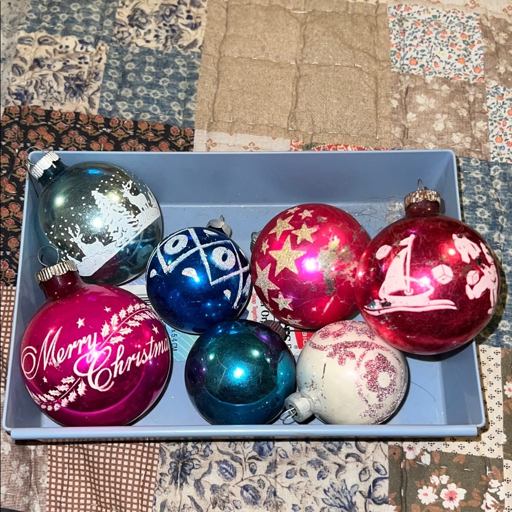 Mixed lot Vintage Shiny Brite glass Christmas Ornaments mica pink